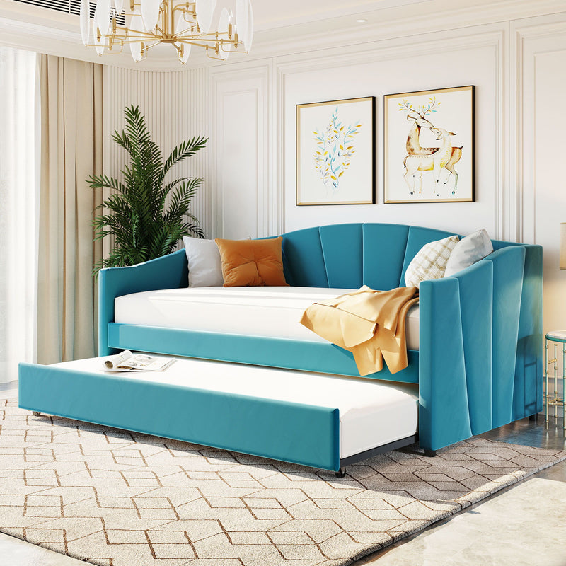 Twin Size Upholstered Daybed Sofa Bed With Trundle Bed And Wood Slat - Blue