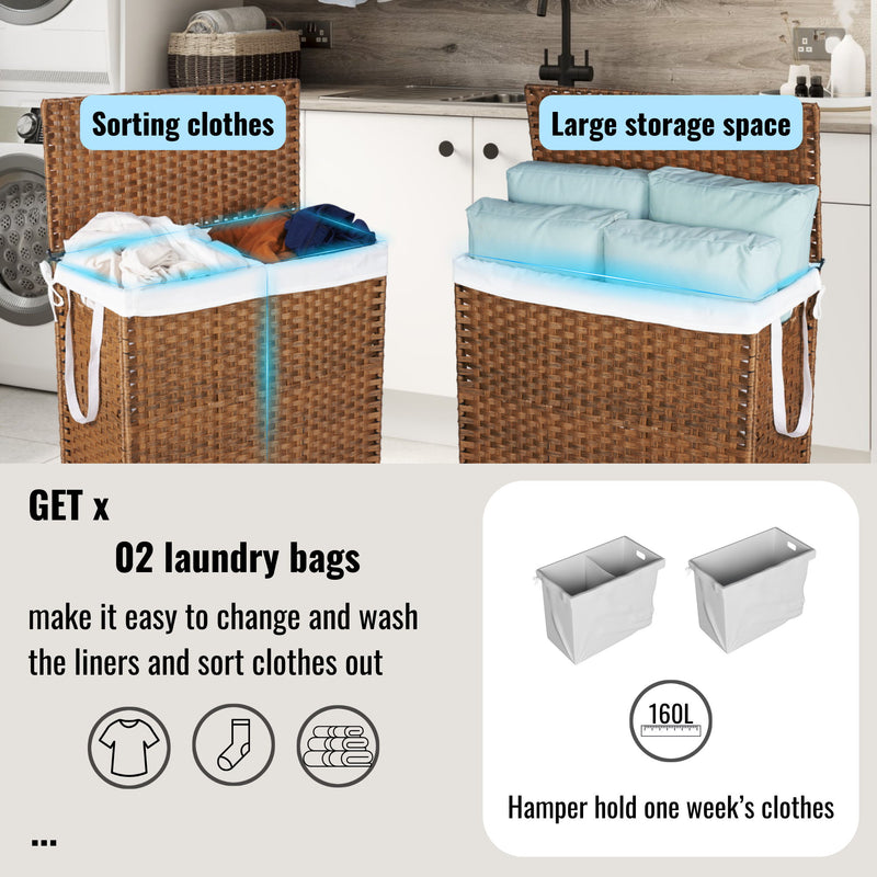 Laundry Hamper With Lid PE Rattan Powder Coating Frame Clothes Hampers With 2 Removable Bags