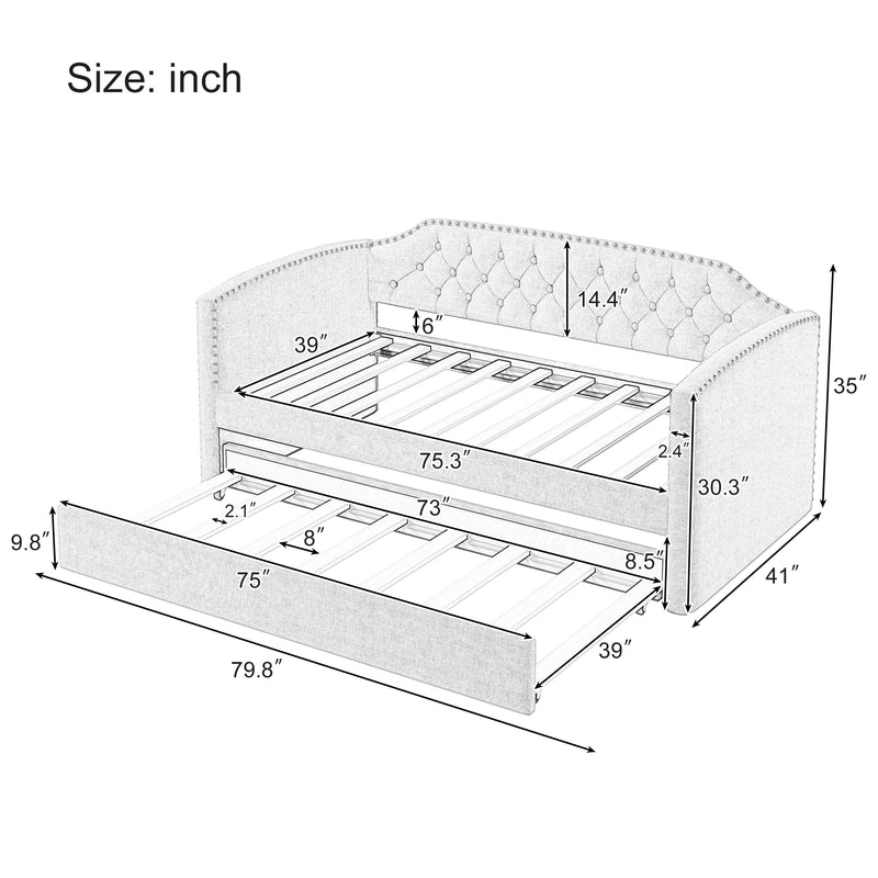 Twin Size Upholstered Daybed with Trundle for Guest Room, Small Bedroom, Study Room, Gray