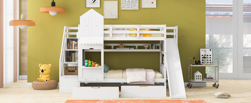 Twin-Over-Twin Castle Style Bunk Bed with 2 Drawers 3 Shelves and Slide - White