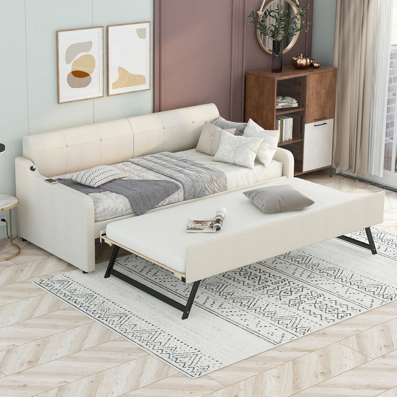 Twin Size Upholstery Daybed with Trundle and USB Charging Design,Trundle can be flat or erected,Beige