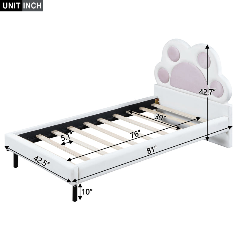 Twin Size Upholstered Platform Bed with Animal Paw Shaped Headboard and LED, Pink