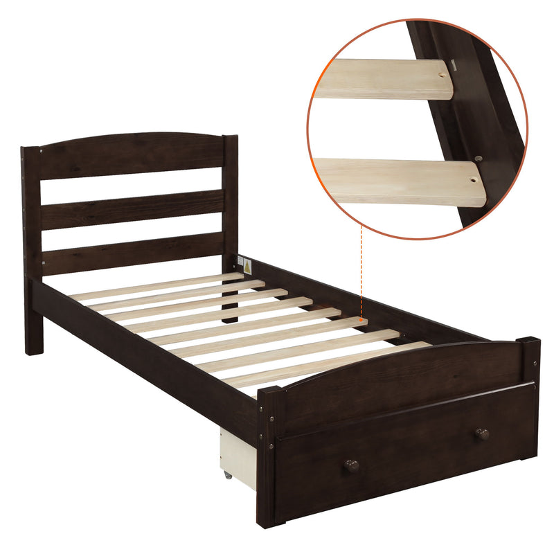 Twin Platform Bed Frame With Storage Drawer And Wood Slat Support No Box Spring Needed - Espresso