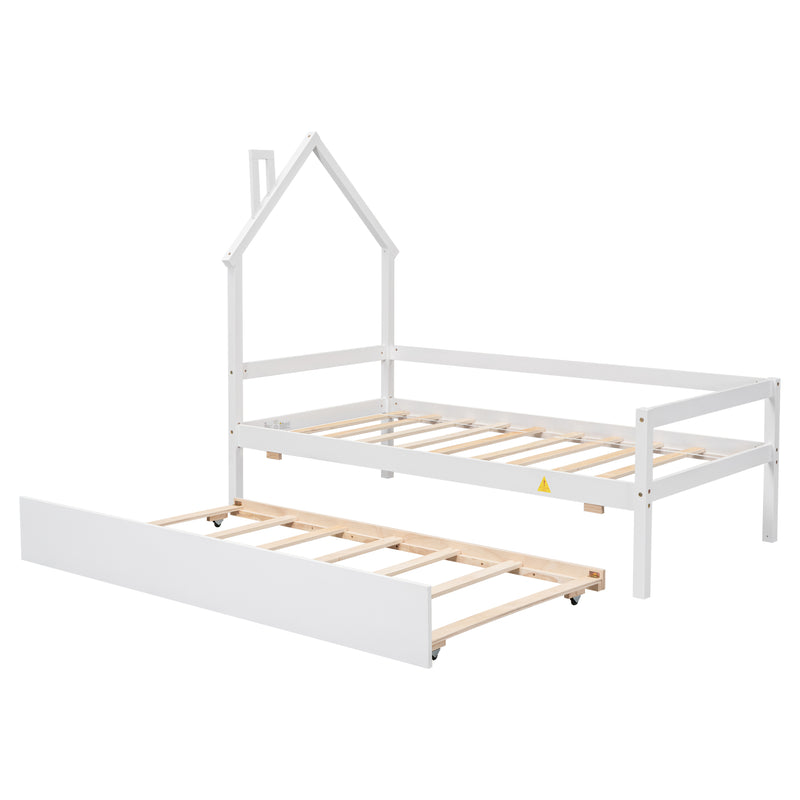 Twin House Wooden Daybed with trundle, Twin House-Shaped Headboard  bed with Guardrails,White