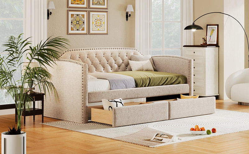 Twin Size Upholstered Daybed with Drawers for Guest Room, Small Bedroom, Study Room, Beige