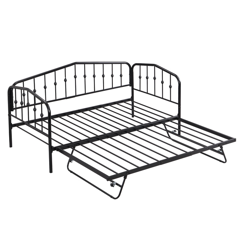 Twin Size Stylish Metal Daybed with Twin Size Adjustable Trundle, Portable Folding Trundle, Black