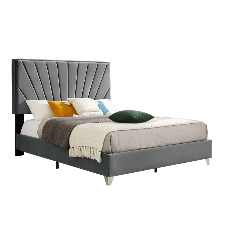 B108 Full bed Beautiful line stripe cushion headboard , strong wooden slats + metal support feet, Gray Flannelette