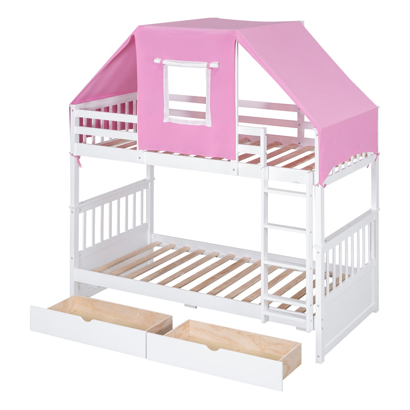 Twin Over Twin Bunk Bed Wood Bed with Tent and Drawers, White+Pink Tent