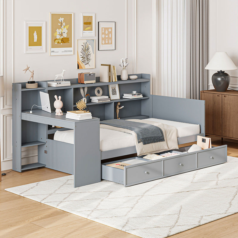 Twin Size Wooden Daybed With 3 Drawers, USB Ports And Desk - Gray