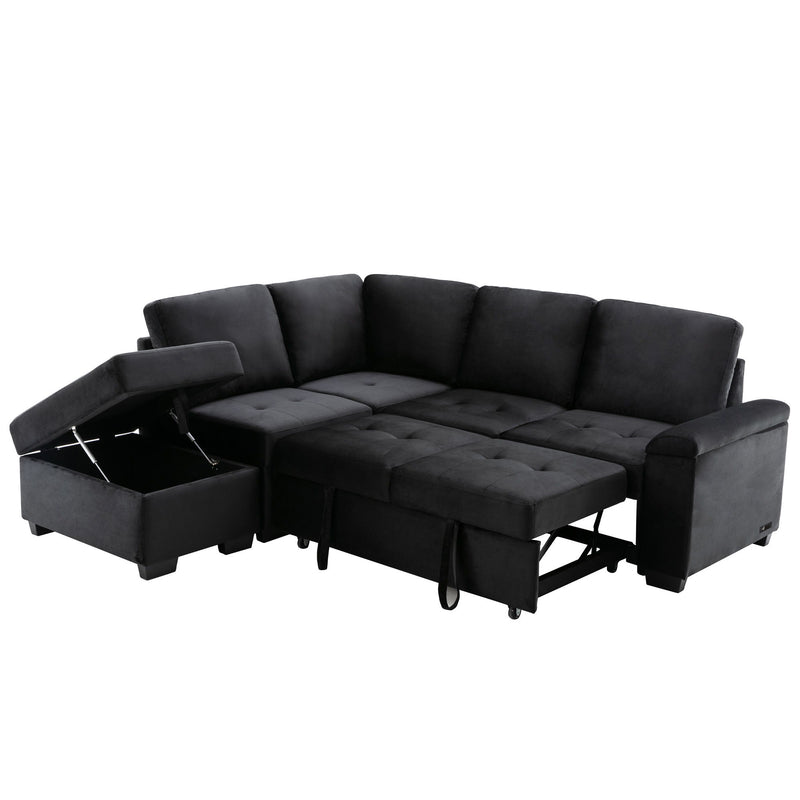 Sleeper Sectional Sofa, L-Shape Corner Couch Sofa Bed With Storage Ottoman & Hidden Arm Storage & USB Charge For Living Room Apartment