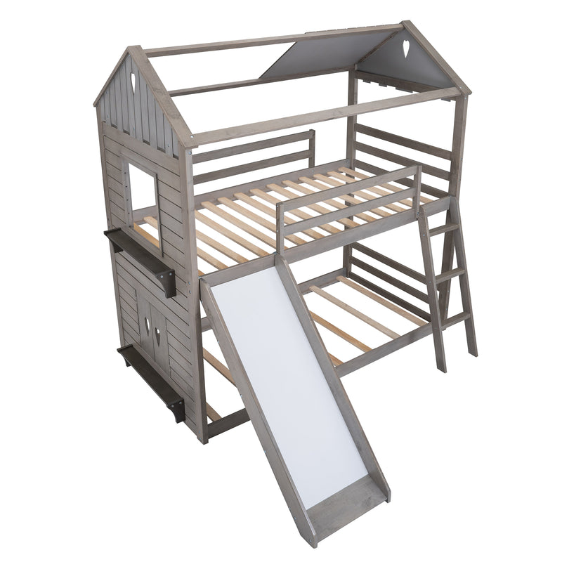 Twin Over Twin Bunk Bed Wood Bed with Roof, Window, Slide, Ladder ,Antique Gray(OLD SKU:LP000059AAE)