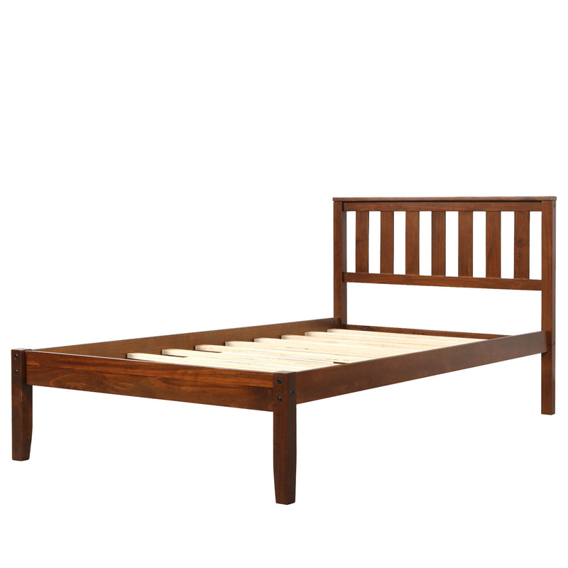 Twin Platform Bed With Headboard / Wood Slat Support - Walnut