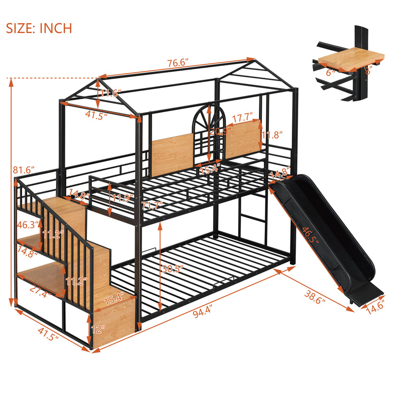 Twin Over Twin Metal Bunk Bed, Metal Housebed with Slide and Storage Stair, Black with Black Slide