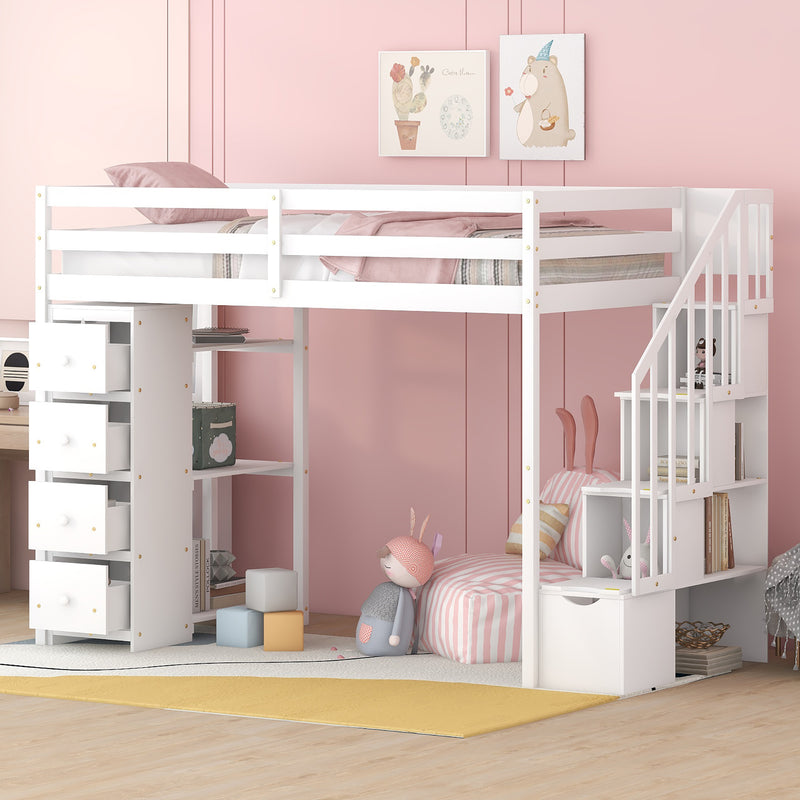 Twin size Loft Bed with Storage Drawers and Stairs, Wooden Loft Bed with Shelves - White