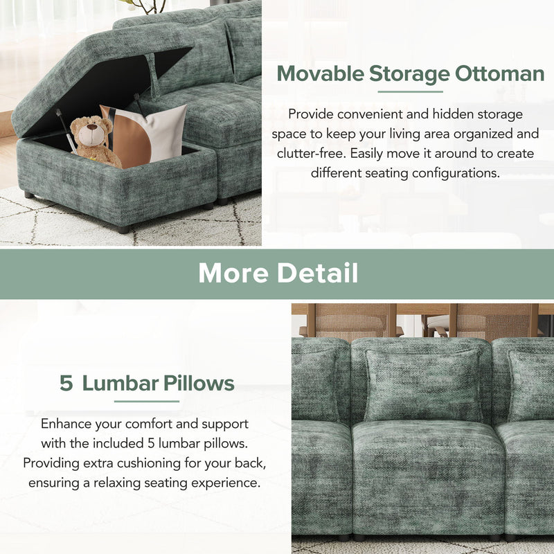 Free-Combined Sectional Sofa 5 Seater Modular Couches With Storage Ottoman, 5 Pillows For Living Room