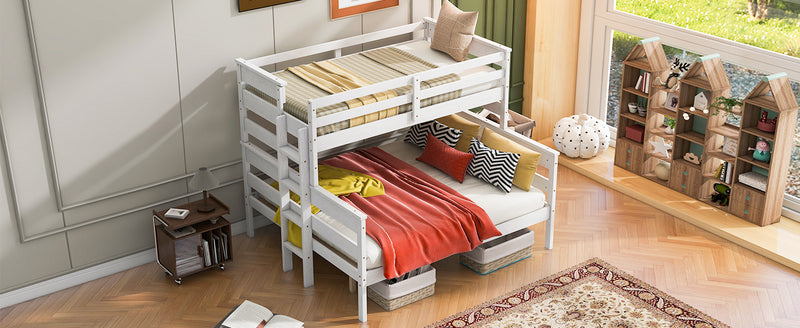 Wood Twin XL over Queen Bunk Bed with Ladder, White