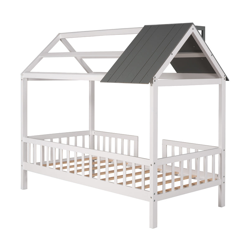 Twin Size Wood House Bed with Fence, White+Gray