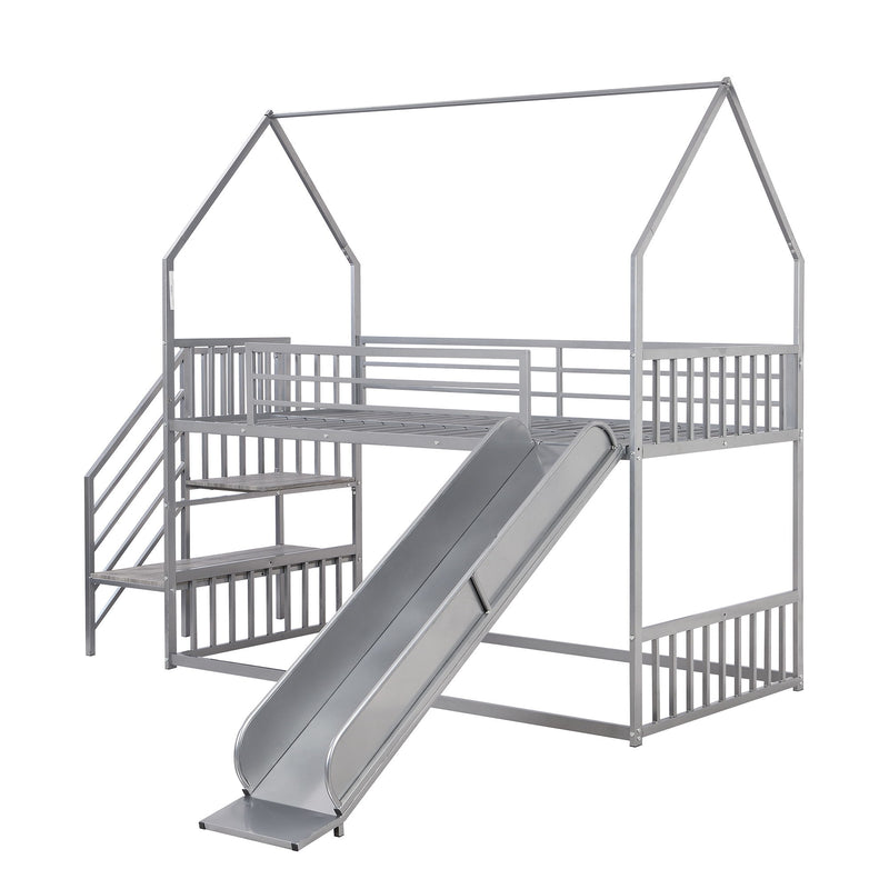 Twin Over Twin Metal Bunk Bed House Bed With Slide And Staircase