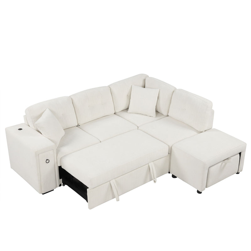 Sectional Sofa L-Shaped Sofa Couch Pull-Out Sofa Bed With A Movable Ottoman, Two USB Ports And Two Cup Holders For Living Room