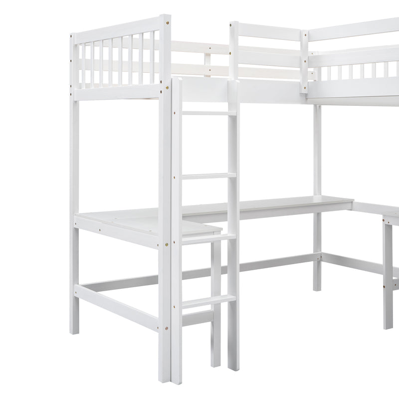 Wood Twin Size L-Shaped Loft Bed with Ladder and 2 Built-in L-Shaped Desks, White