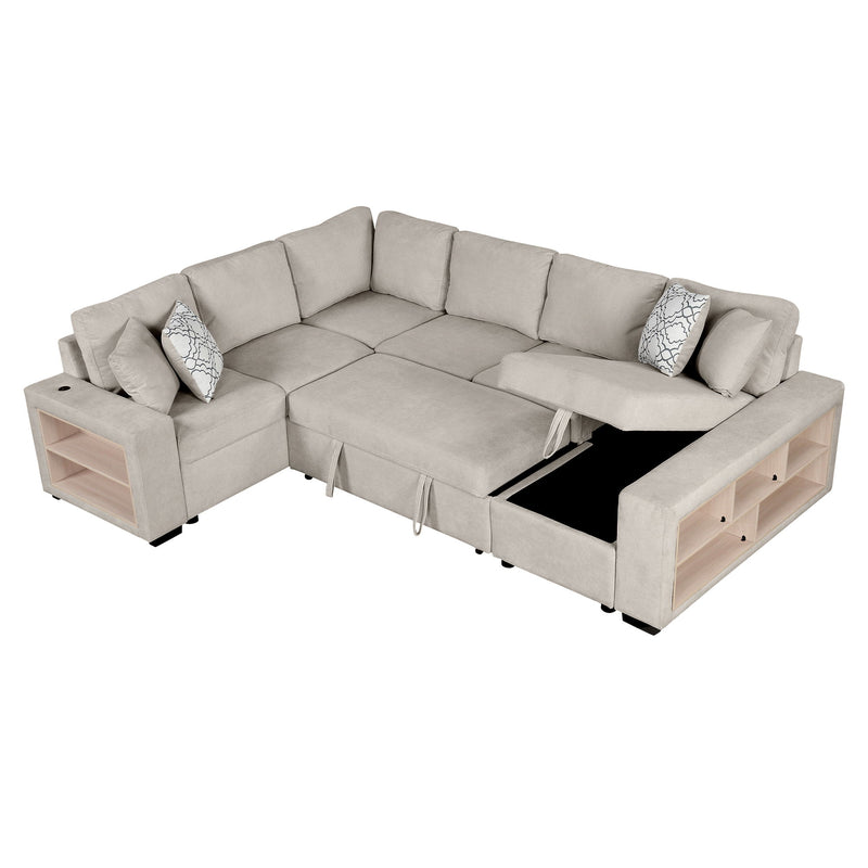 U-Shaped Sectional Sofa Pull-Out Sofa Bed With Two USB Ports, A Storage Chaise Lounge And Four Back Pillows For Living Room