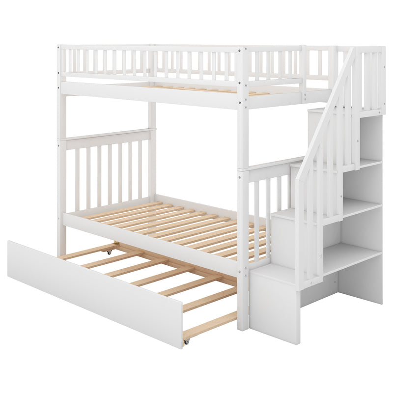 Twin over Twin Bunk Bed with Trundle and Storage, White