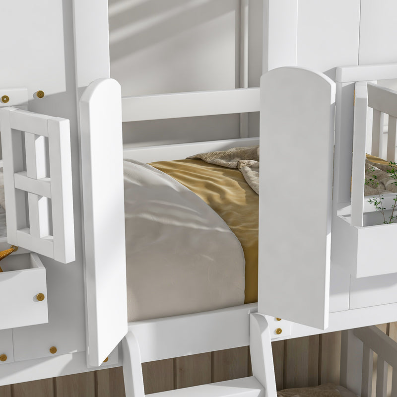 Twin over Twin House Bunk Bed with Roof , Window, Window  Box, Door , with Safety Guardrails and Ladder,White