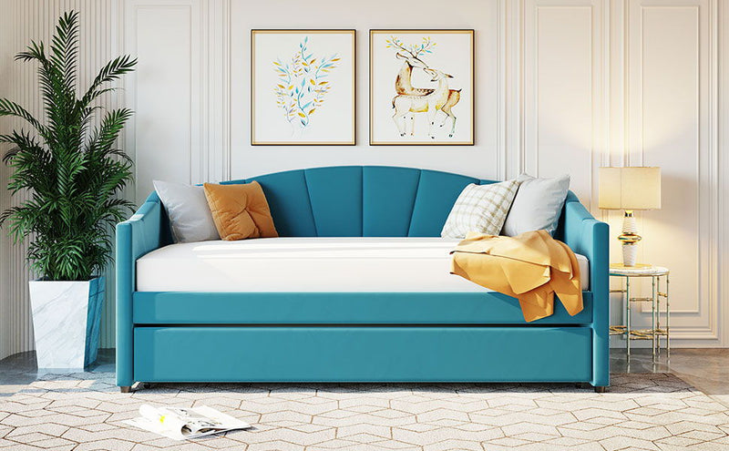 Twin Size Upholstered Daybed Sofa Bed With Trundle Bed And Wood Slat - Blue