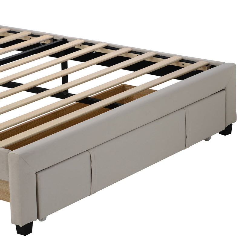 Queen Size Storage Bed Velvet Upholstered Platform Bed With A Big Drawer - Beige