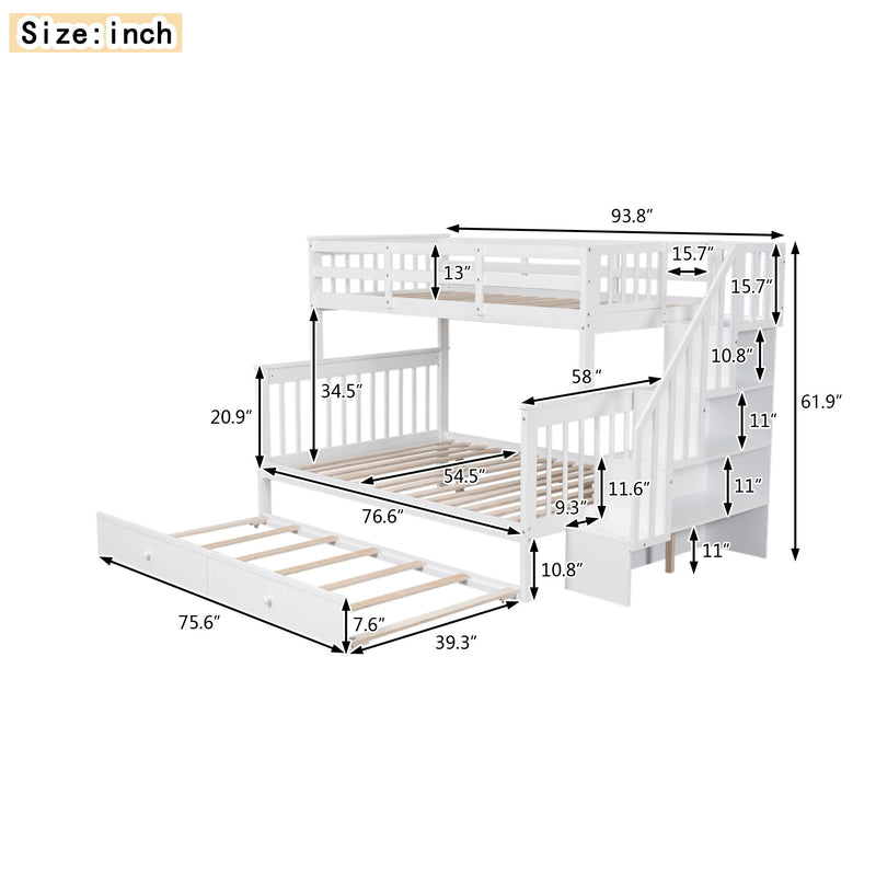 Twin Over Full Bunk Bed With Twin Size Trundle, Storage And Guard Rail For Bedroom, Dorm, For Adults - White