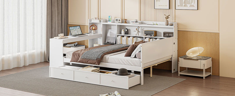 Full Size Wooden Daybed With 3 Drawers, USB Ports And Desk - White