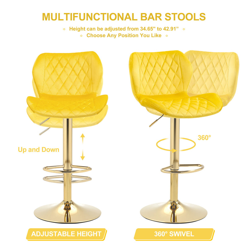 Velvet Adjustable Swivel Bar Stools (Set of 2) Modern Counter Height Barstools With Golden Color Base