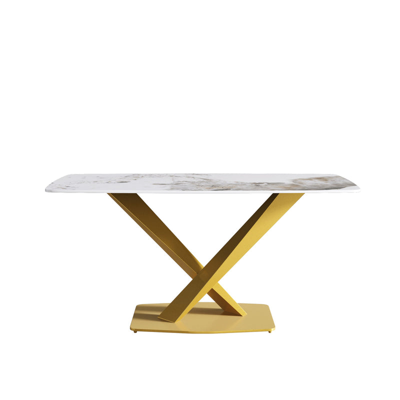 63" Modern Artificial Stone Pandora White Curved Golden Metal Leg Dining Table, 6 People - Antique White / Gold