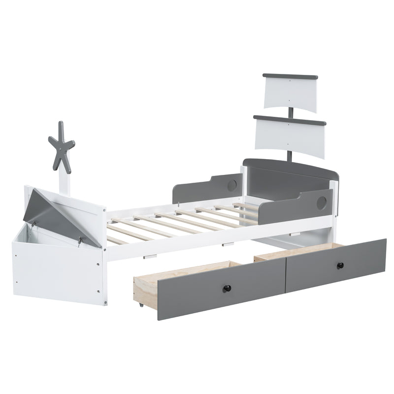 Twin Size Boat-Shaped Platform Bed with 2 Drawers,Twin Bed with Storage for Bedroom,Gray