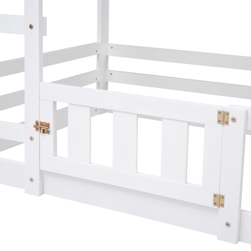 Twin over Twin House Bunk Bed with Fence and Door, White