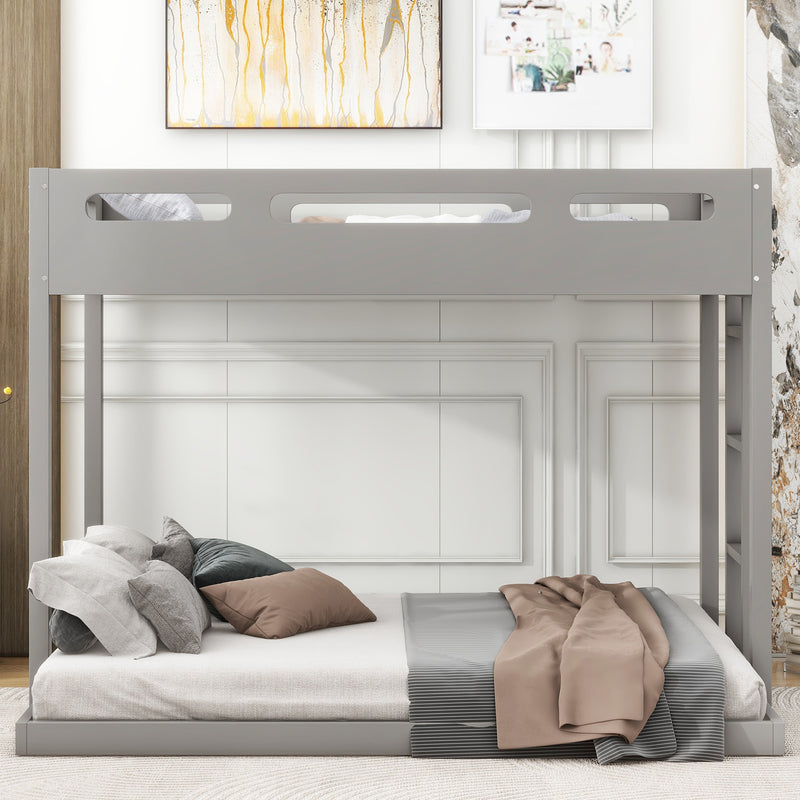 Twin over Full Bunk Bed with Built-in Ladder,Gray