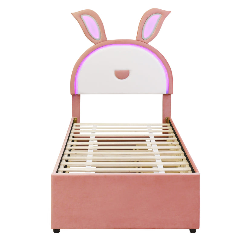 Twin Size Upholstered Platform Bed with Trundle and 3 Drawers, Rabbit-Shaped Headboard with Embedded LED Lights, Pink