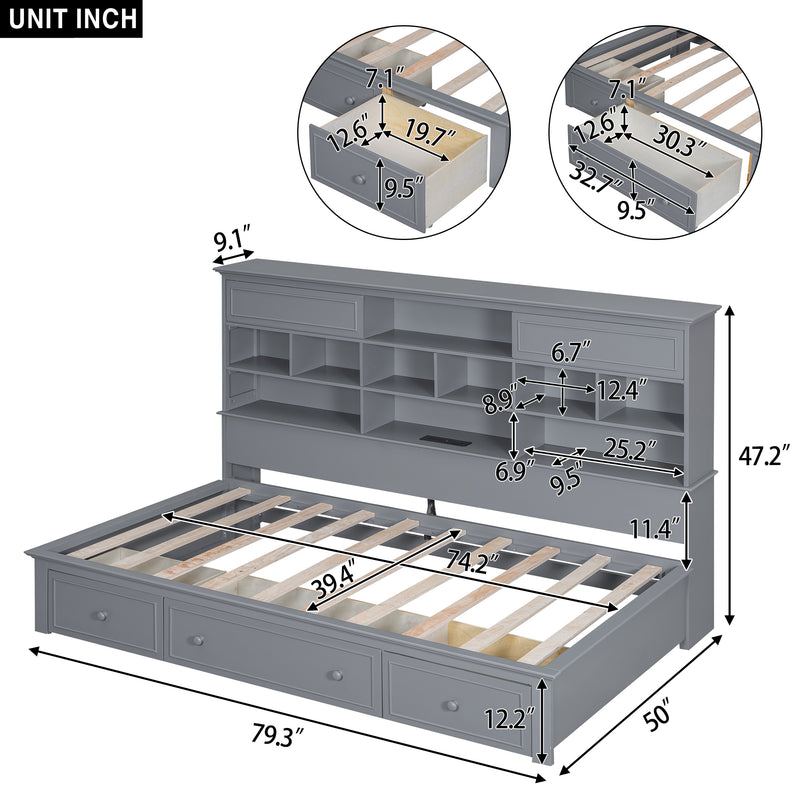 Twin Size Wood Daybed with Multi-Storage Shelves, Charging Station and 3 Drawers, Gray