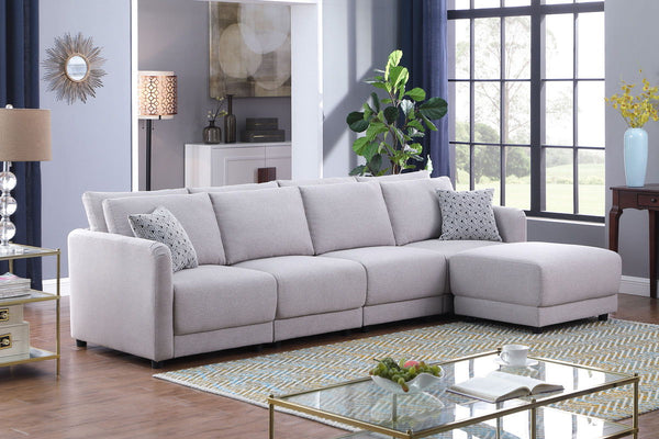 Penelope - Linen Fabric 4-Seater Sofa With Ottoman And Pillows (Set of 2) - Light Gray