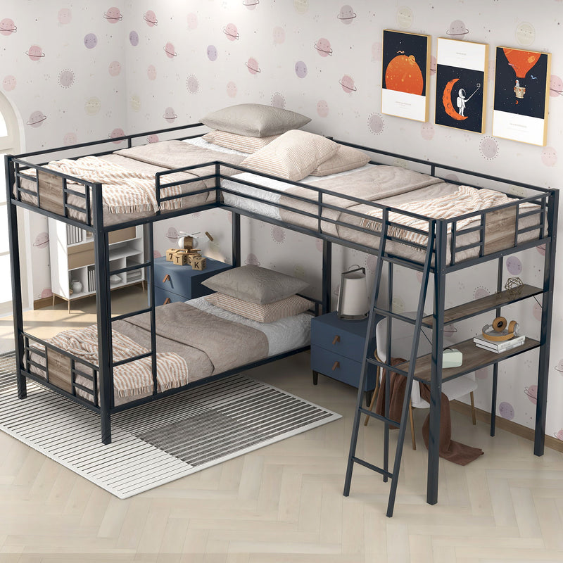 L Shaped Twin Over Twin Bunk Bed With Twin Size Loft Bed With Desk And Shelf - Brown