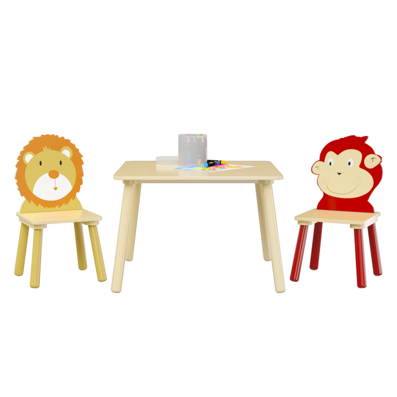 Kids Table And 2 Chairs Set, 3 Pieces Toddler Table And Chair Set, Wooden Activity Play Table Set (Lion&Monkey) - Natural