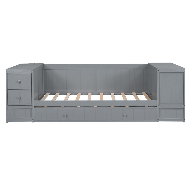 Twin Size Daybed with Storage Arms, Trundle and Charging Station, Gray