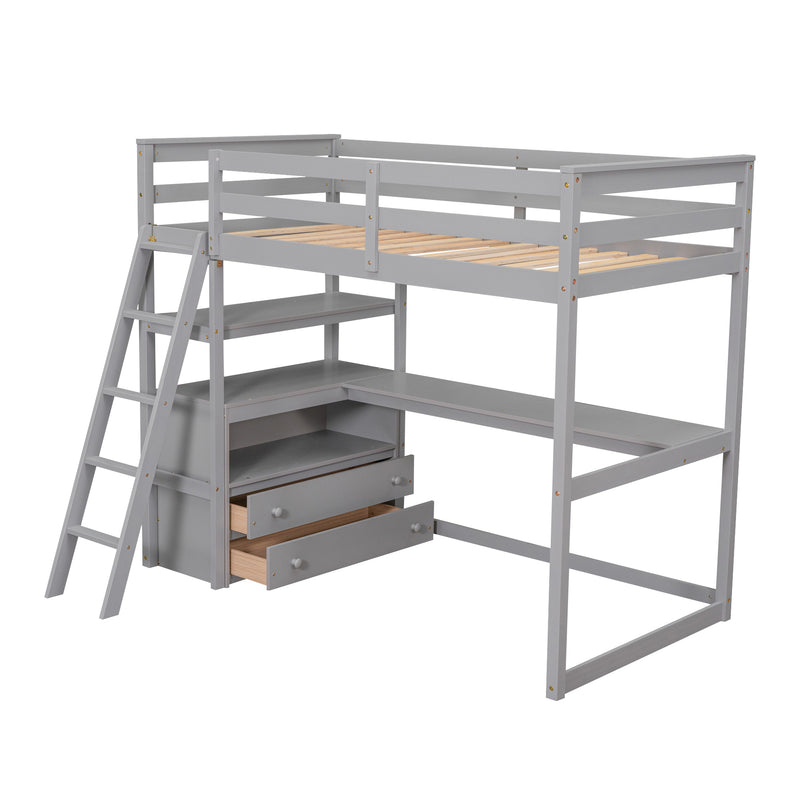 Twin Size Loft Bed with Desk and Shelves, Two Built-in Drawers, Gray(old SKU:GX000803AAE-1)