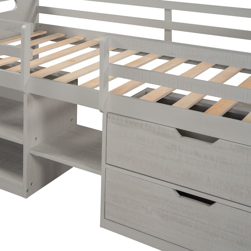 Twin Size Loft Bed With Two Shelves And Two Drawers