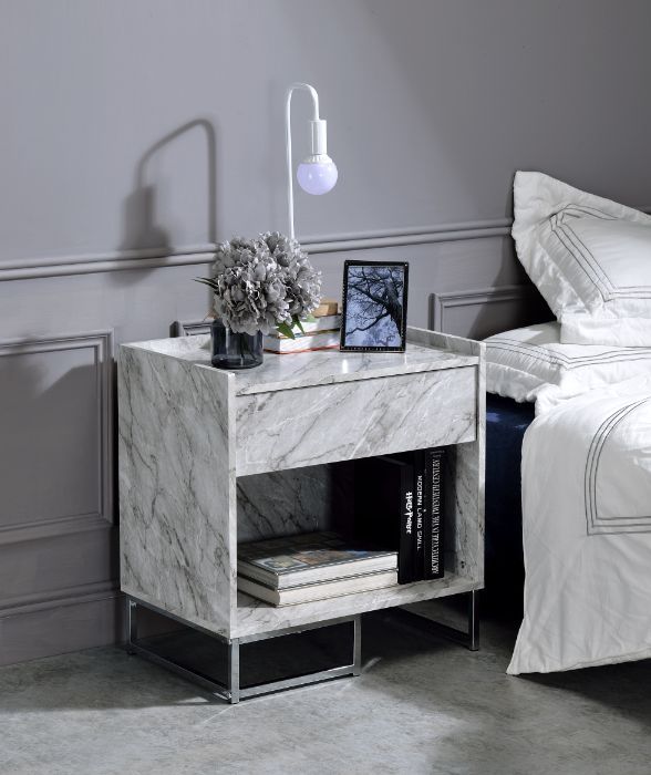 Azrael - Accent Table - White Printed Faux Marble & Chrome Finish