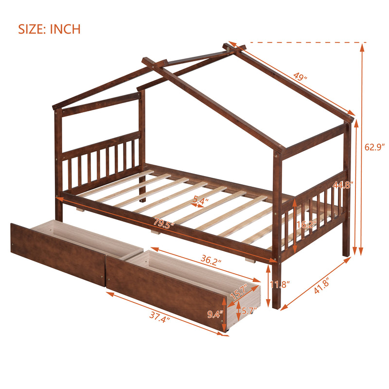 Twin Size Wooden House Bed with Drawers, Walnut