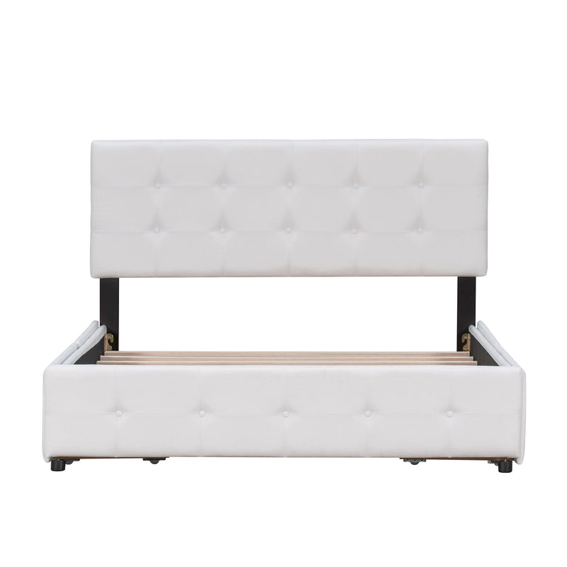 Queen Size Upholstered Platform Bed With Classic Headboard And 4 Drawers, No Box Spring Needed - White