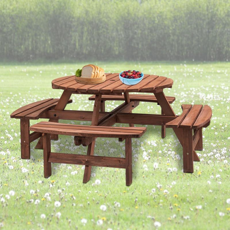 8 Person Wooden Picnic Table, Outdoor Camping Dining Table With Seat, Garden, Diy With 4 Built-In Benches, 2220Lb Capacity