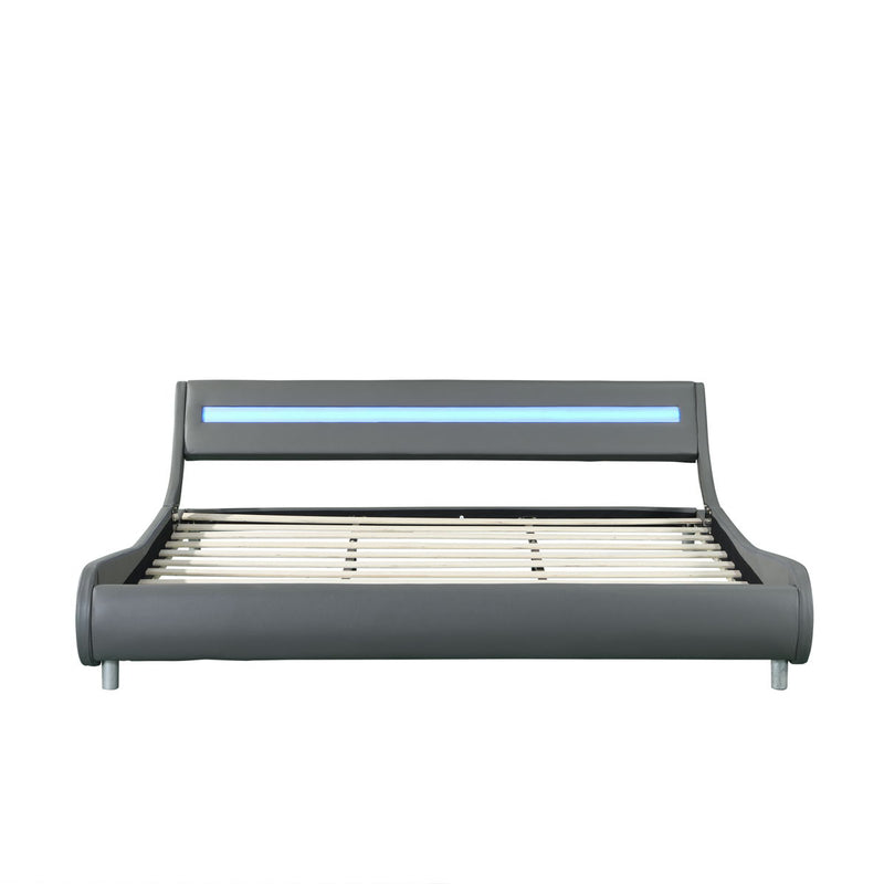 Upholstered Platform Bed Frame With LED Lighting, Curve Design, Wood Slat Support, No Box Spring Needed