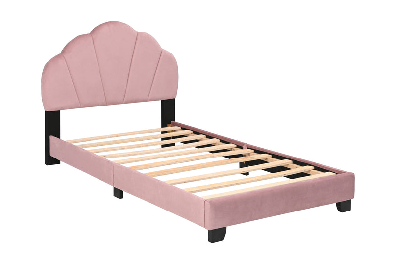 Upholstered Twin Size Platform Bed for Kids, with Slatted Bed Base, No Box Spring Needed, Pink color, Shell Design